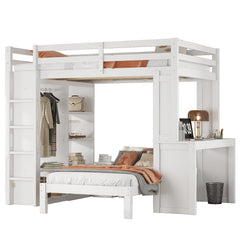 Bellemave® Queen over Twin Bunk Bed with Dismountable Lower Bed and Desk, Solid Wood Bunk Beds Frame with Built - in Shelves and Wardrobe, Can be Converted into Loft Bed, Natural - Bellemave