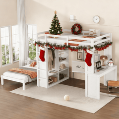 Bellemave® Queen over Twin Bunk Bed with Dismountable Lower Bed and Desk, Solid Wood Bunk Beds Frame with Built - in Shelves and Wardrobe, Can be Converted into Loft Bed, Natural - Bellemave