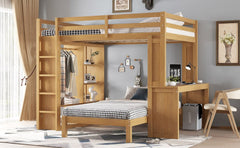 Bellemave® Queen over Twin Bunk Bed with Dismountable Lower Bed and Desk, Solid Wood Bunk Beds Frame with Built - in Shelves and Wardrobe, Can be Converted into Loft Bed, Natural - Bellemave