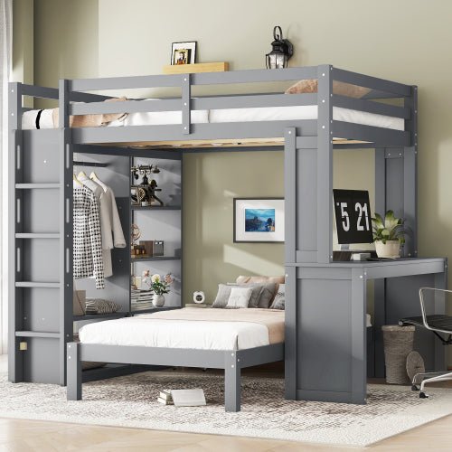 Bellemave® Queen over Twin Bunk Bed with Dismountable Lower Bed and Desk, Solid Wood Bunk Beds Frame with Built - in Shelves and Wardrobe, Can be Converted into Loft Bed, Natural - Bellemave