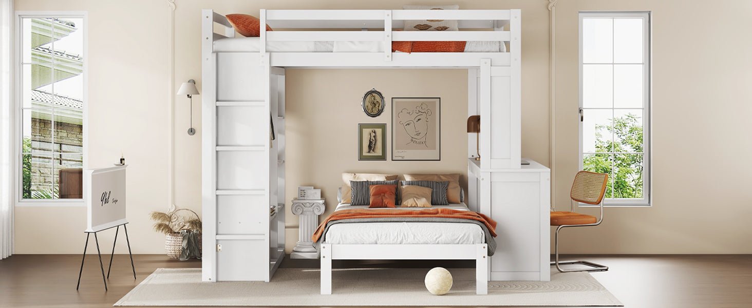 Bellemave® Queen over Twin Bunk Bed with Dismountable Lower Bed and Desk, Solid Wood Bunk Beds Frame with Built - in Shelves and Wardrobe, Can be Converted into Loft Bed, Natural - Bellemave