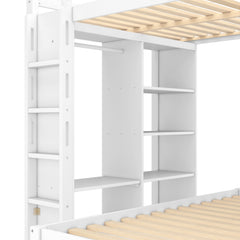 Bellemave® Queen over Twin Bunk Bed with Dismountable Lower Bed and Desk, Solid Wood Bunk Beds Frame with Built - in Shelves and Wardrobe, Can be Converted into Loft Bed, Natural - Bellemave