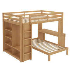 Bellemave® Queen over Twin Bunk Bed with Dismountable Lower Bed and Desk, Solid Wood Bunk Beds Frame with Built - in Shelves and Wardrobe, Can be Converted into Loft Bed, Natural - Bellemave