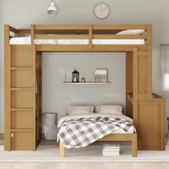 Bellemave® Queen over Twin Bunk Bed with Dismountable Lower Bed and Desk, Solid Wood Bunk Beds Frame with Built - in Shelves and Wardrobe, Can be Converted into Loft Bed, Natural - Bellemave