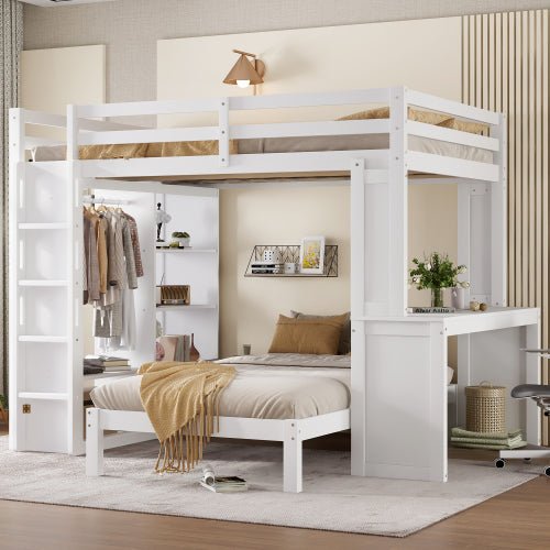 Bellemave® Queen over Twin Bunk Bed with Dismountable Lower Bed and Desk, Solid Wood Bunk Beds Frame with Built - in Shelves and Wardrobe, Can be Converted into Loft Bed, Natural - Bellemave