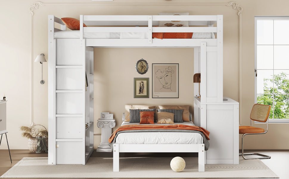 Bellemave® Queen over Twin Bunk Bed with Dismountable Lower Bed and Desk, Solid Wood Bunk Beds Frame with Built - in Shelves and Wardrobe, Can be Converted into Loft Bed, Natural - Bellemave