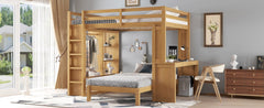 Bellemave® Queen over Twin Bunk Bed with Dismountable Lower Bed and Desk, Solid Wood Bunk Beds Frame with Built - in Shelves and Wardrobe, Can be Converted into Loft Bed, Natural - Bellemave