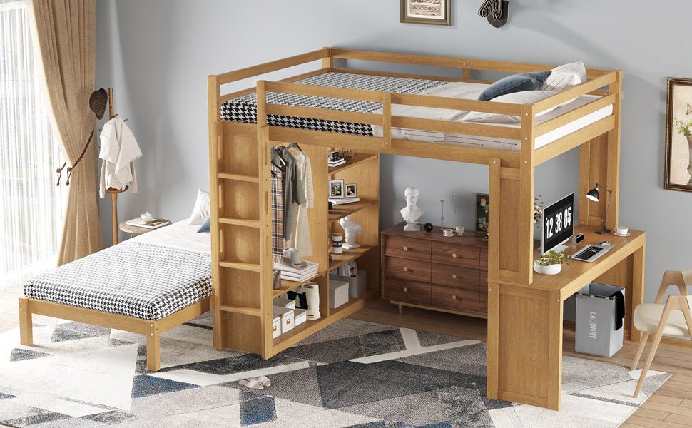 Bellemave® Queen over Twin Bunk Bed with Dismountable Lower Bed and Desk, Solid Wood Bunk Beds Frame with Built - in Shelves and Wardrobe, Can be Converted into Loft Bed, Natural - Bellemave