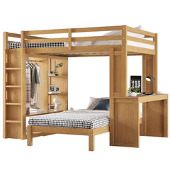 Bellemave® Queen over Twin Bunk Bed with Dismountable Lower Bed and Desk, Solid Wood Bunk Beds Frame with Built - in Shelves and Wardrobe, Can be Converted into Loft Bed, Natural - Bellemave