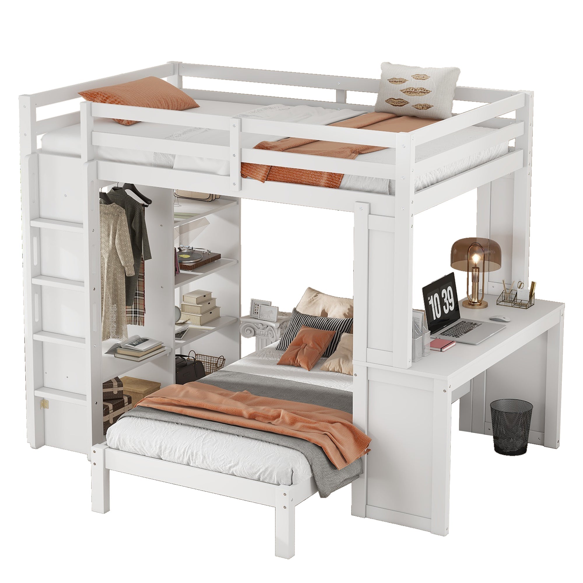 Bellemave® Queen over Twin Bunk Bed with Dismountable Lower Bed and Desk, Solid Wood Bunk Beds Frame with Built - in Shelves and Wardrobe, Can be Converted into Loft Bed, Natural - Bellemave