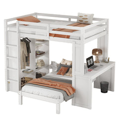 Bellemave® Queen over Twin Bunk Bed with Dismountable Lower Bed and Desk, Solid Wood Bunk Beds Frame with Built - in Shelves and Wardrobe, Can be Converted into Loft Bed, Natural - Bellemave
