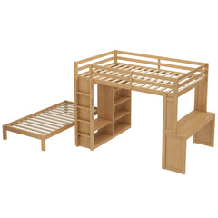 Bellemave® Queen over Twin Bunk Bed with Dismountable Lower Bed and Desk, Solid Wood Bunk Beds Frame with Built - in Shelves and Wardrobe, Can be Converted into Loft Bed, Natural - Bellemave