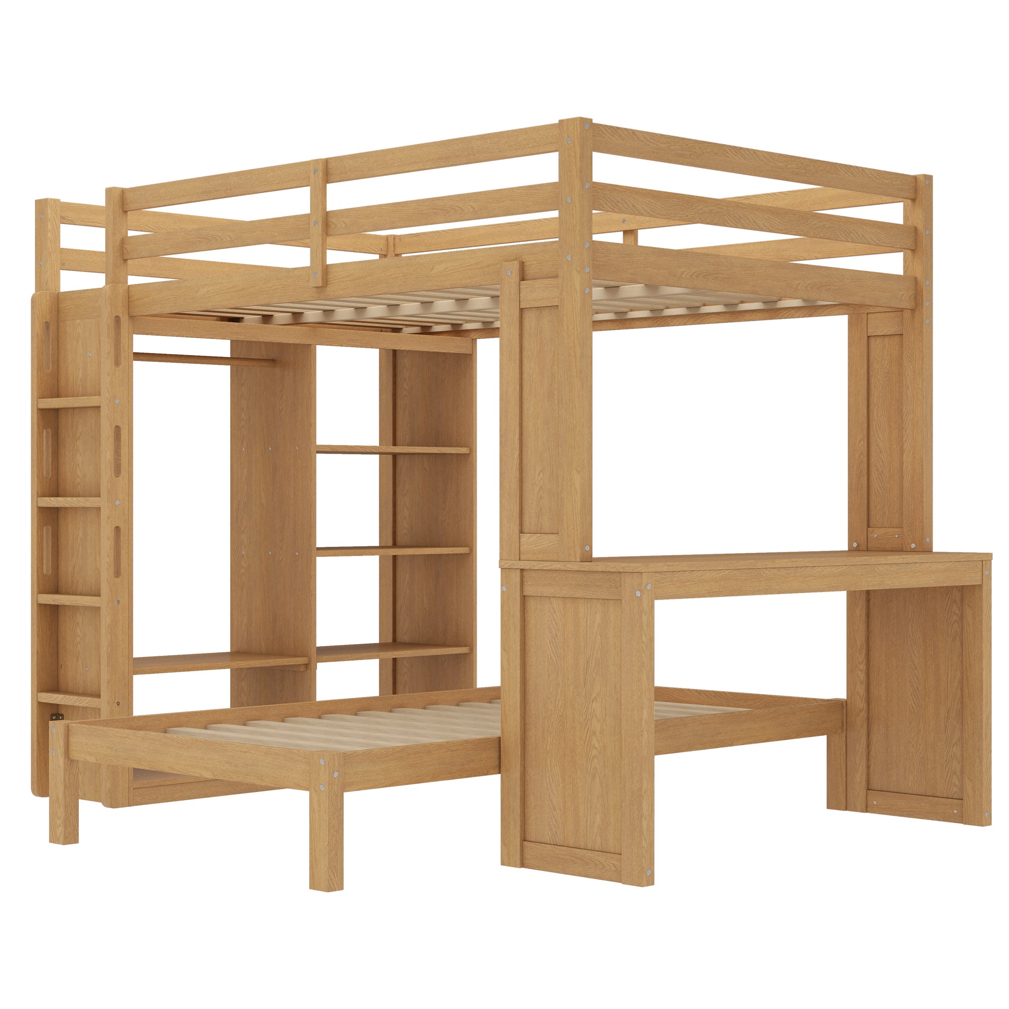 Bellemave® Queen over Twin Bunk Bed with Dismountable Lower Bed and Desk, Solid Wood Bunk Beds Frame with Built - in Shelves and Wardrobe, Can be Converted into Loft Bed, Natural - Bellemave