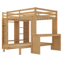 Bellemave® Queen over Twin Bunk Bed with Dismountable Lower Bed and Desk, Solid Wood Bunk Beds Frame with Built - in Shelves and Wardrobe, Can be Converted into Loft Bed, Natural - Bellemave