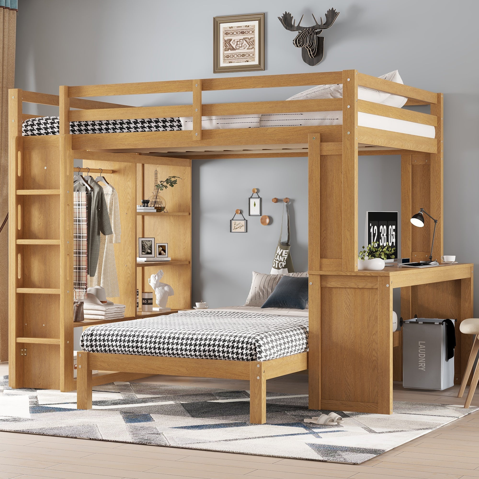 Bellemave® Queen over Twin Bunk Bed with Dismountable Lower Bed and Desk, Solid Wood Bunk Beds Frame with Built - in Shelves and Wardrobe, Can be Converted into Loft Bed, Natural - Bellemave