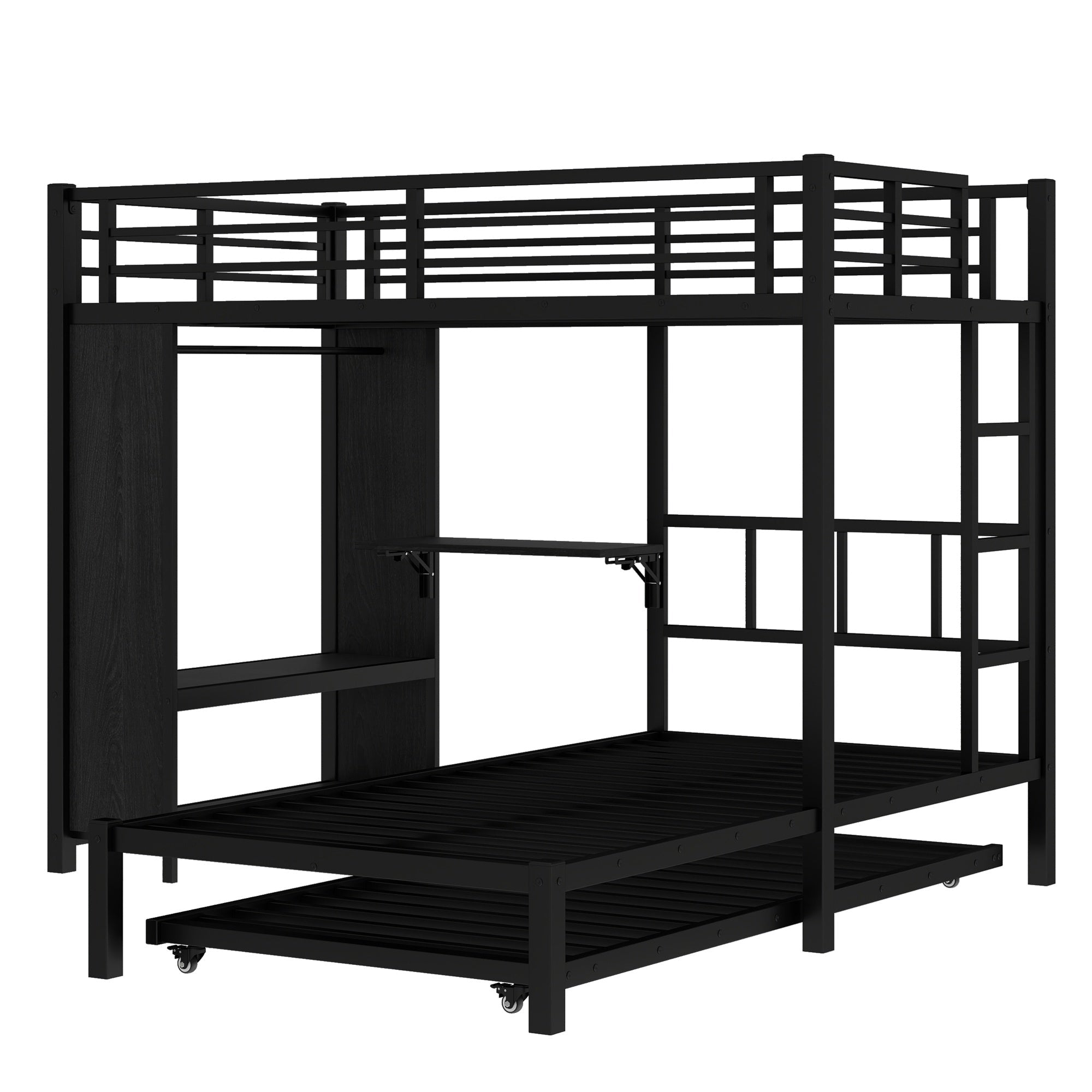 Bellemave® Queen Over Twin Metal Bunk Bed with Built - in Wardrobe, Trundle & Desk for Kids, Teens, Adults, Black - Bellemave