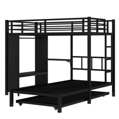 Bellemave® Queen Over Twin Metal Bunk Bed with Built - in Wardrobe, Trundle & Desk for Kids, Teens, Adults, Black - Bellemave