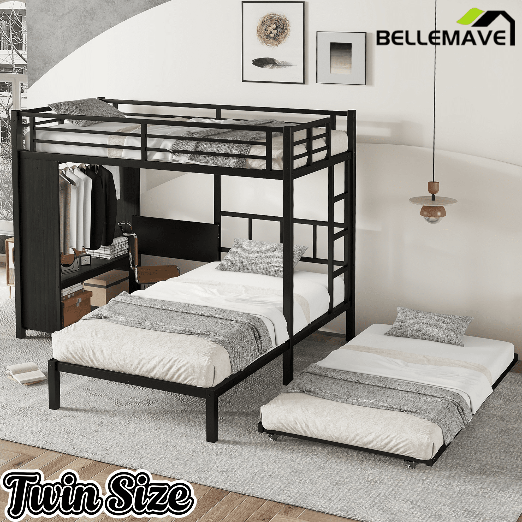Bellemave® Queen Over Twin Metal Bunk Bed with Built - in Wardrobe, Trundle & Desk for Kids, Teens, Adults, Black - Bellemave