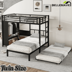 Bellemave® Queen Over Twin Metal Bunk Bed with Built - in Wardrobe, Trundle & Desk for Kids, Teens, Adults, Black - Bellemave