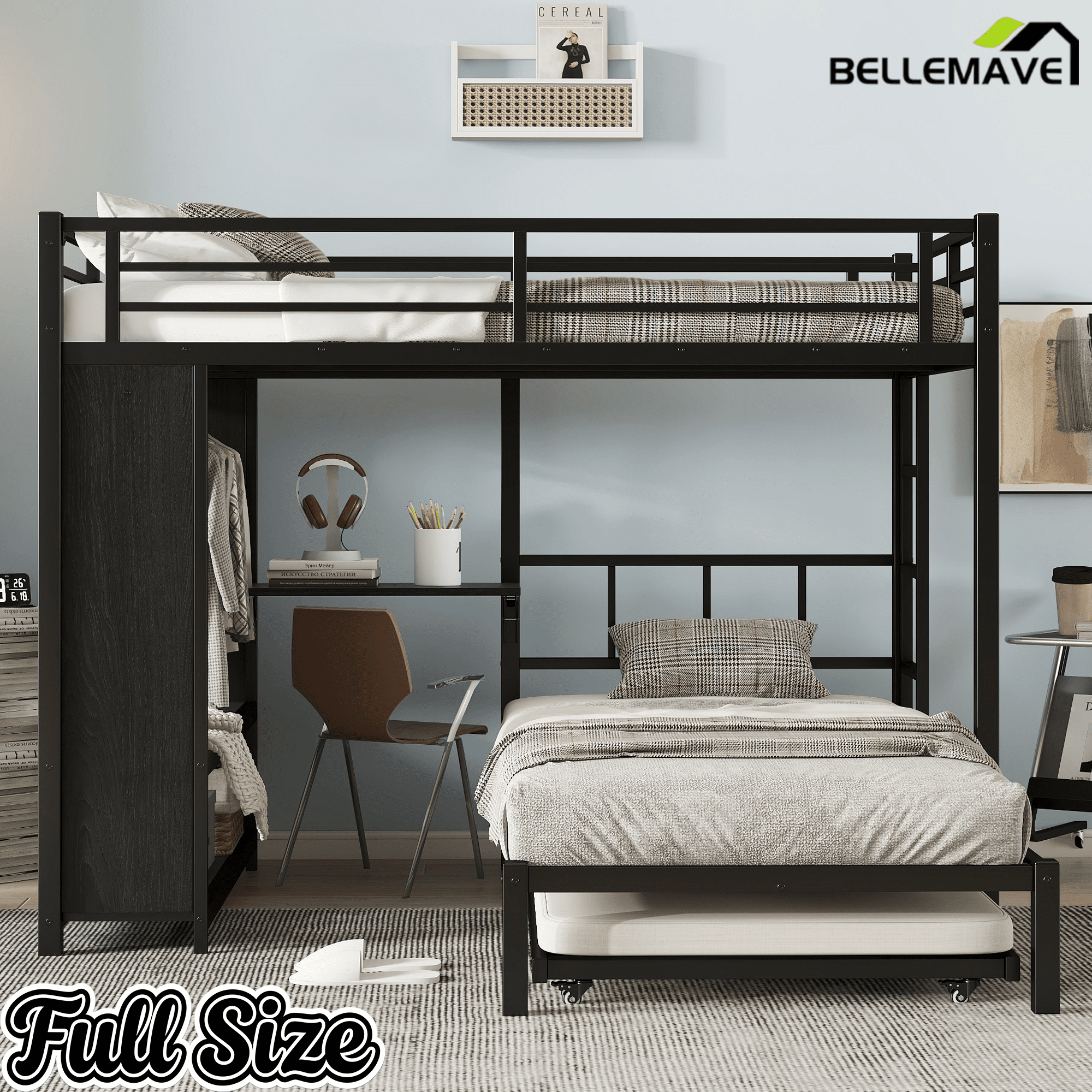Bellemave® Queen Over Twin Metal Bunk Bed with Built - in Wardrobe, Trundle & Desk for Kids, Teens, Adults, Black - Bellemave