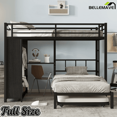Bellemave® Queen Over Twin Metal Bunk Bed with Built - in Wardrobe, Trundle & Desk for Kids, Teens, Adults, Black - Bellemave