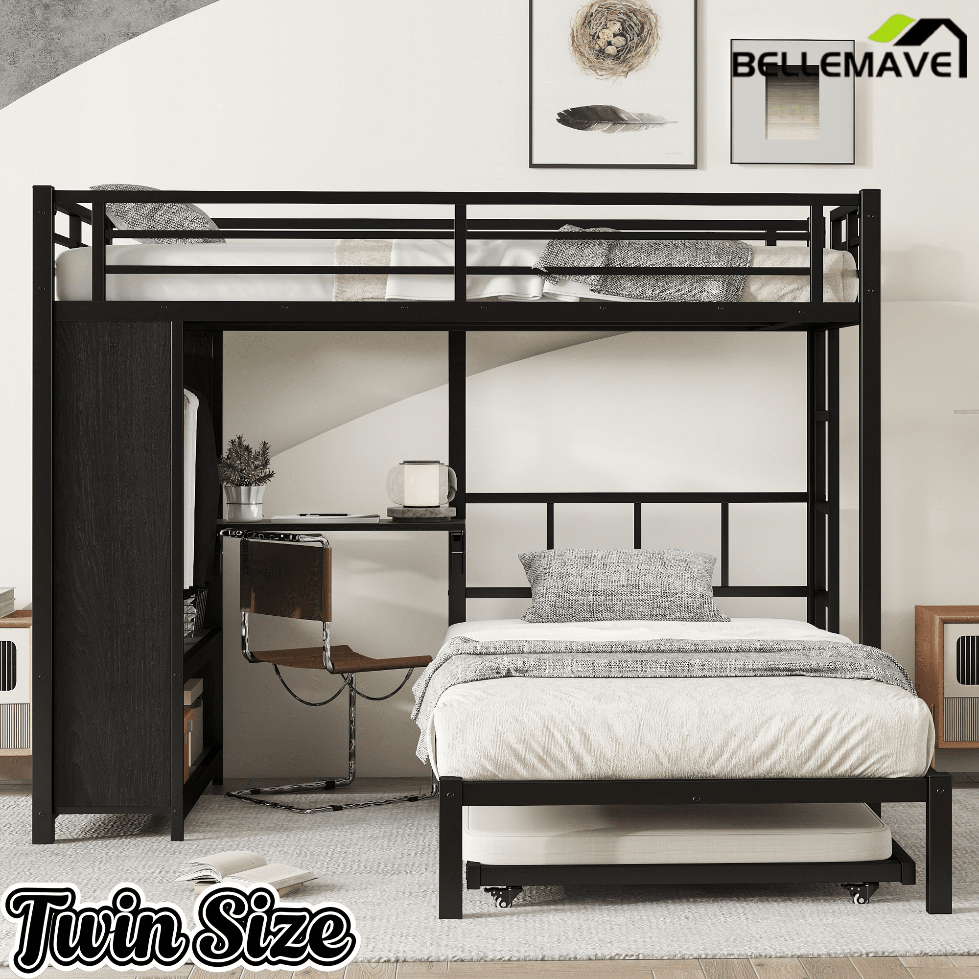 Bellemave® Queen Over Twin Metal Bunk Bed with Built - in Wardrobe, Trundle & Desk for Kids, Teens, Adults, Black - Bellemave