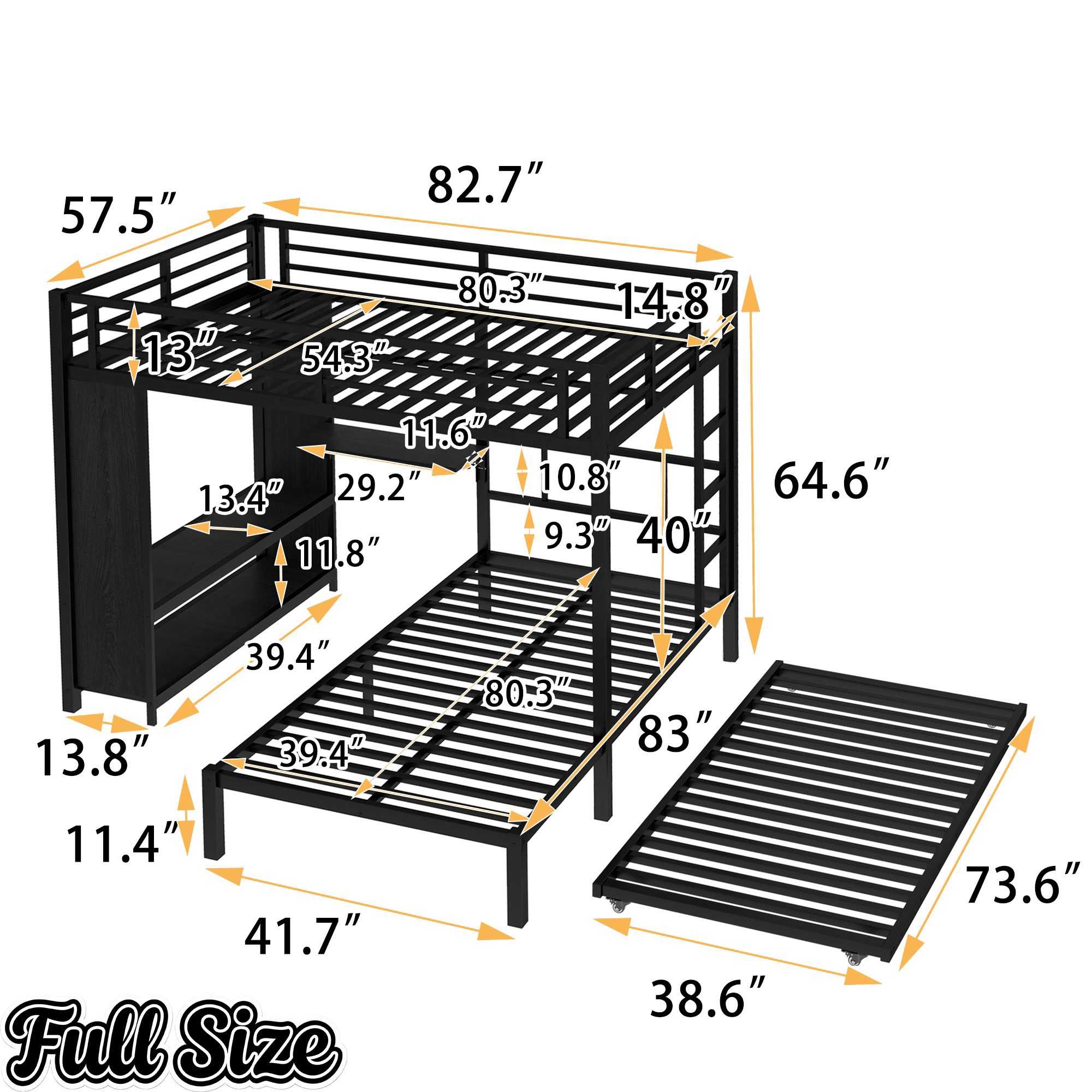 Bellemave® Queen Over Twin Metal Bunk Bed with Built - in Wardrobe, Trundle & Desk for Kids, Teens, Adults, Black - Bellemave