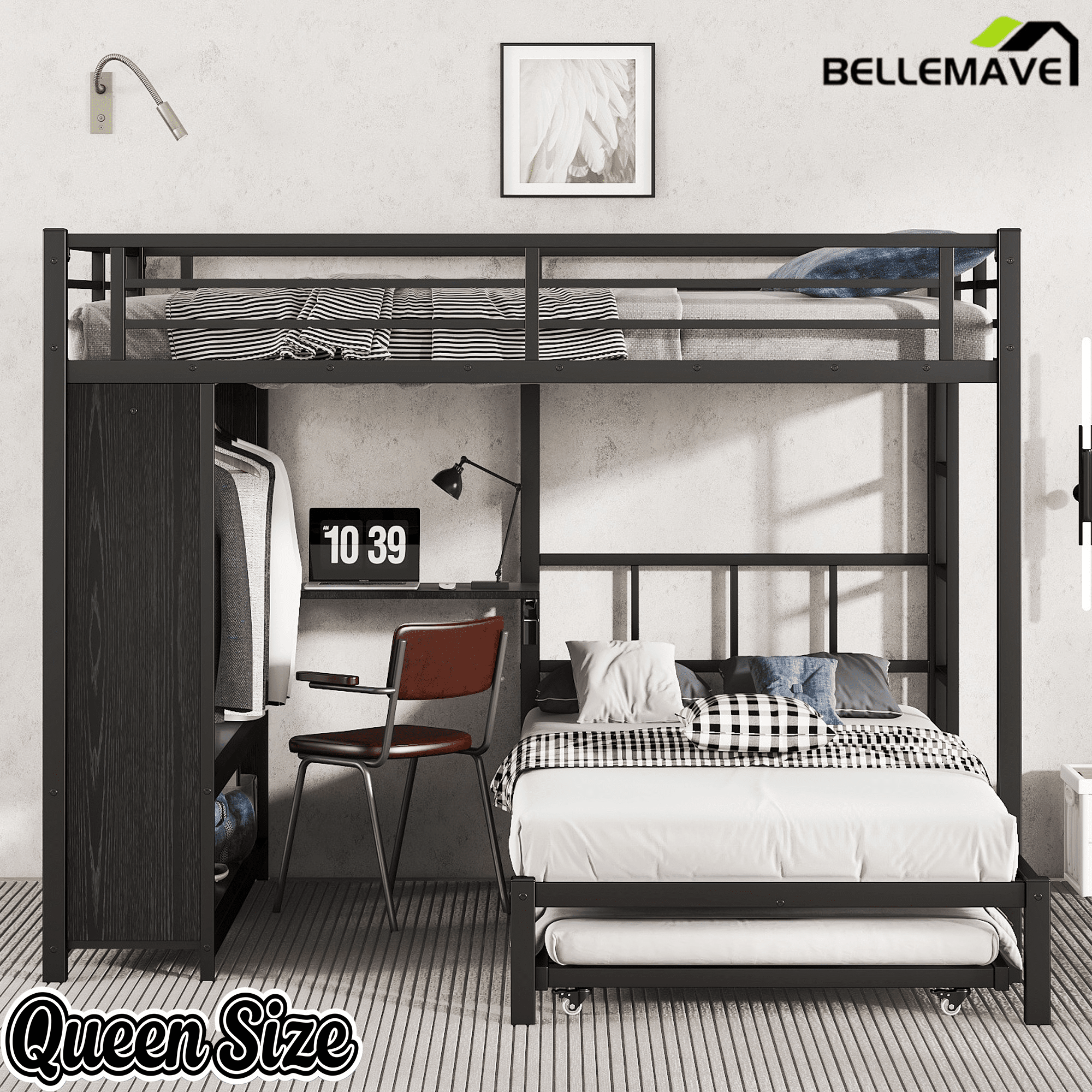 Bellemave® Queen Over Twin Metal Bunk Bed with Built - in Wardrobe, Trundle & Desk for Kids, Teens, Adults, Black - Bellemave