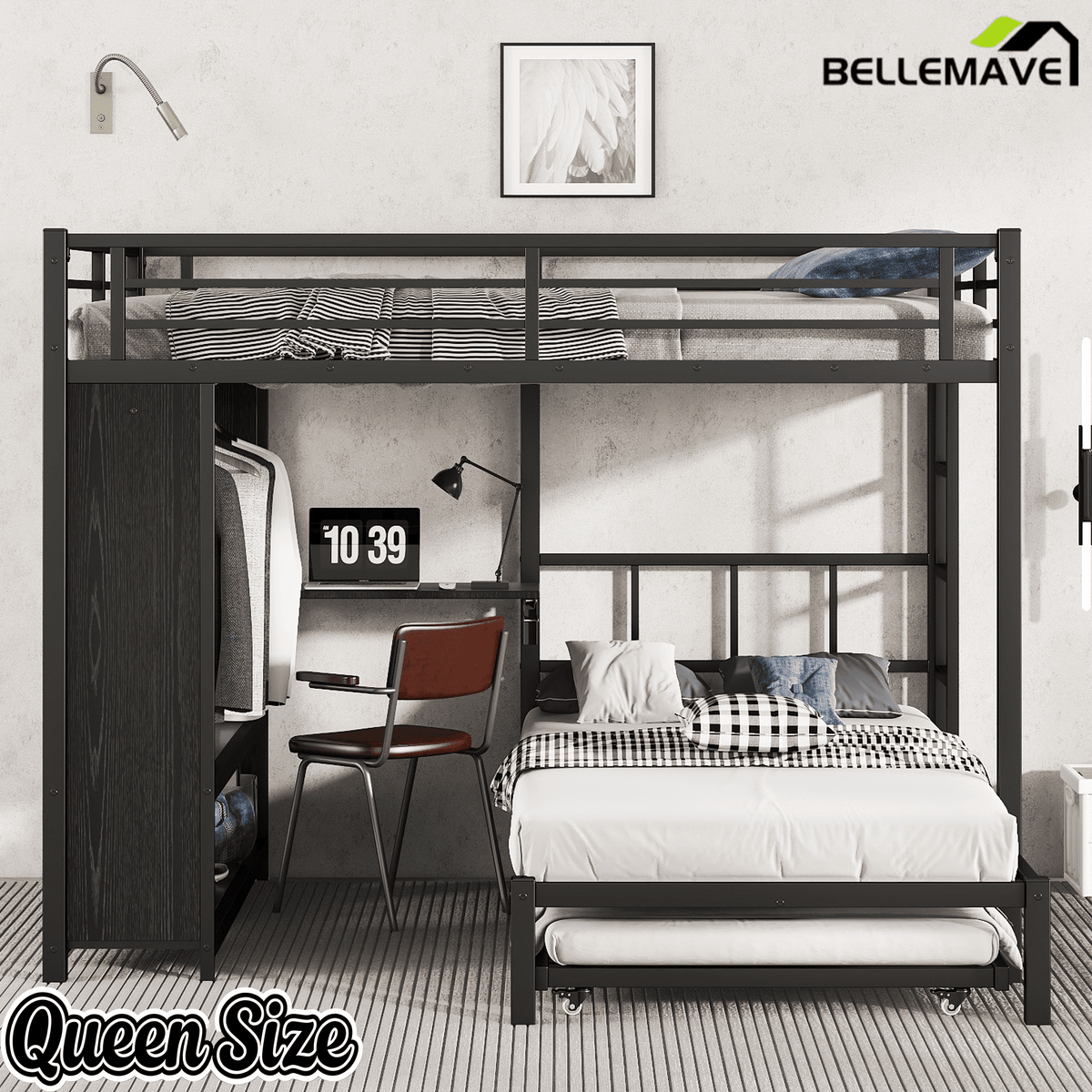 Bellemave® Queen Over Twin Metal Bunk Bed with Built - in Wardrobe, Trundle & Desk for Kids, Teens, Adults, Black - Bellemave