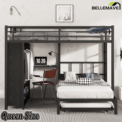Bellemave® Queen Over Twin Metal Bunk Bed with Built - in Wardrobe, Trundle & Desk for Kids, Teens, Adults, Black - Bellemave
