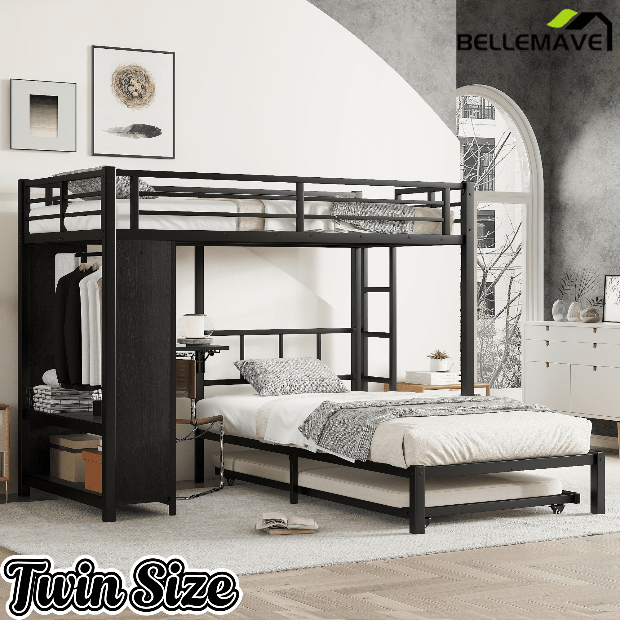 Bellemave® Queen Over Twin Metal Bunk Bed with Built - in Wardrobe, Trundle & Desk for Kids, Teens, Adults, Black - Bellemave