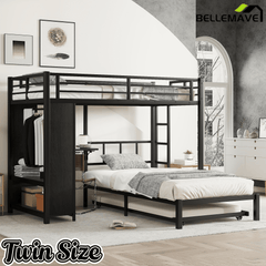 Bellemave® Queen Over Twin Metal Bunk Bed with Built - in Wardrobe, Trundle & Desk for Kids, Teens, Adults, Black - Bellemave