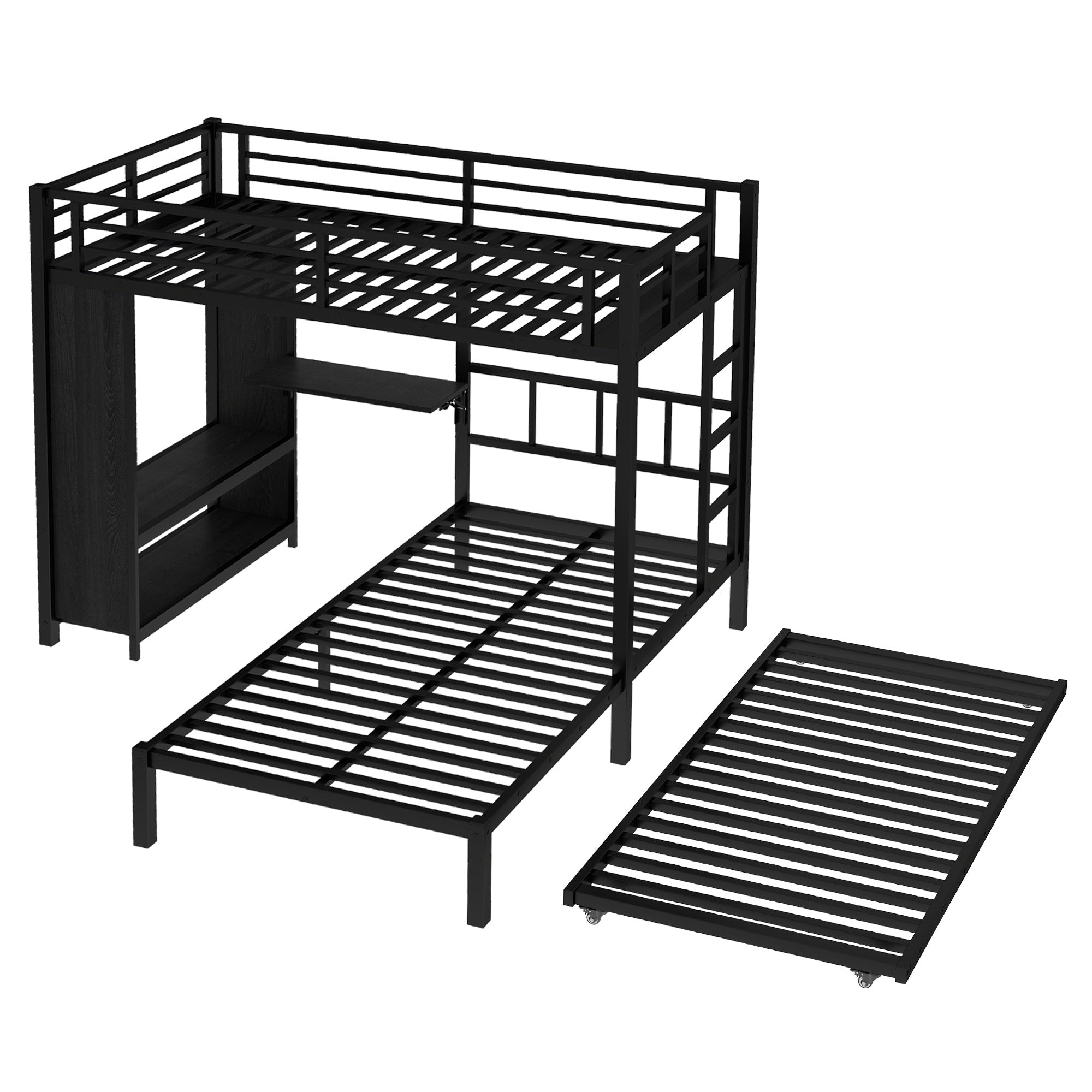 Bellemave® Queen Over Twin Metal Bunk Bed with Built - in Wardrobe, Trundle & Desk for Kids, Teens, Adults, Black - Bellemave
