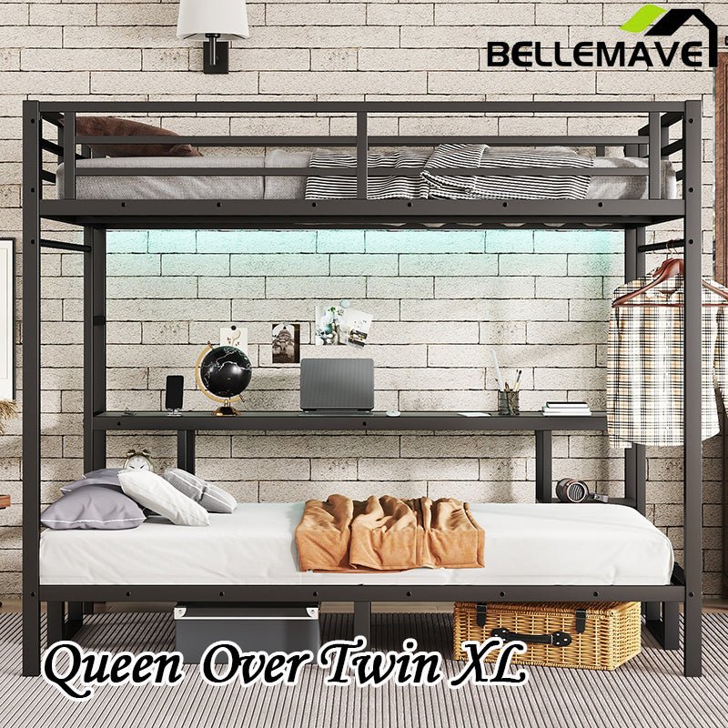 Bellemave® Queen over Twin XL Metal Bunk Bed/Loft Bed with Desk and Shelves, Multiple Uses Folds into Sofa with LED and USB - Bellemave
