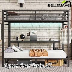 Bellemave® Queen over Twin XL Metal Bunk Bed/Loft Bed with Desk and Shelves, Multiple Uses Folds into Sofa with LED and USB - Bellemave