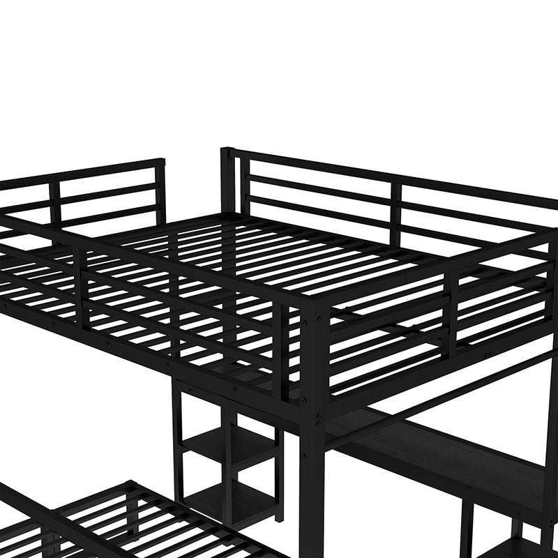Bellemave® Queen over Twin XL Metal Bunk Bed/Loft Bed with Desk and Shelves, Multiple Uses Folds into Sofa with LED and USB - Bellemave