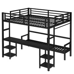 Bellemave® Queen over Twin XL Metal Bunk Bed/Loft Bed with Desk and Shelves, Multiple Uses Folds into Sofa with LED and USB - Bellemave