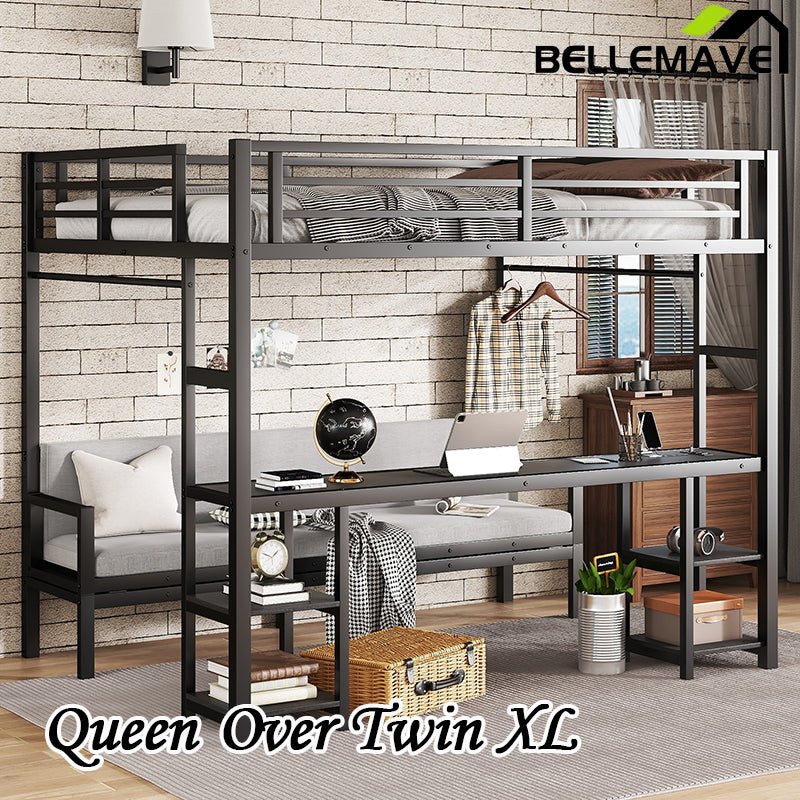 Bellemave® Queen over Twin XL Metal Bunk Bed/Loft Bed with Desk and Shelves, Multiple Uses Folds into Sofa with LED and USB - Bellemave