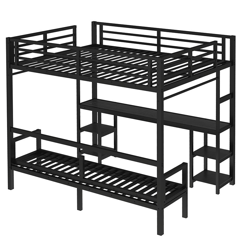 Bellemave® Queen over Twin XL Metal Bunk Bed/Loft Bed with Desk and Shelves, Multiple Uses Folds into Sofa with LED and USB - Bellemave
