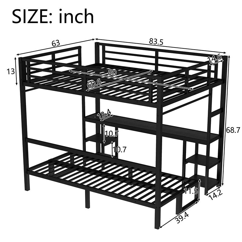 Bellemave® Queen over Twin XL Metal Bunk Bed/Loft Bed with Desk and Shelves, Multiple Uses Folds into Sofa with LED and USB - Bellemave