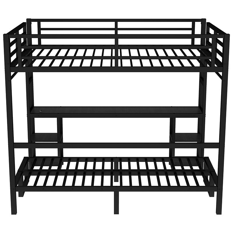 Bellemave® Queen over Twin XL Metal Bunk Bed/Loft Bed with Desk and Shelves, Multiple Uses Folds into Sofa with LED and USB - Bellemave