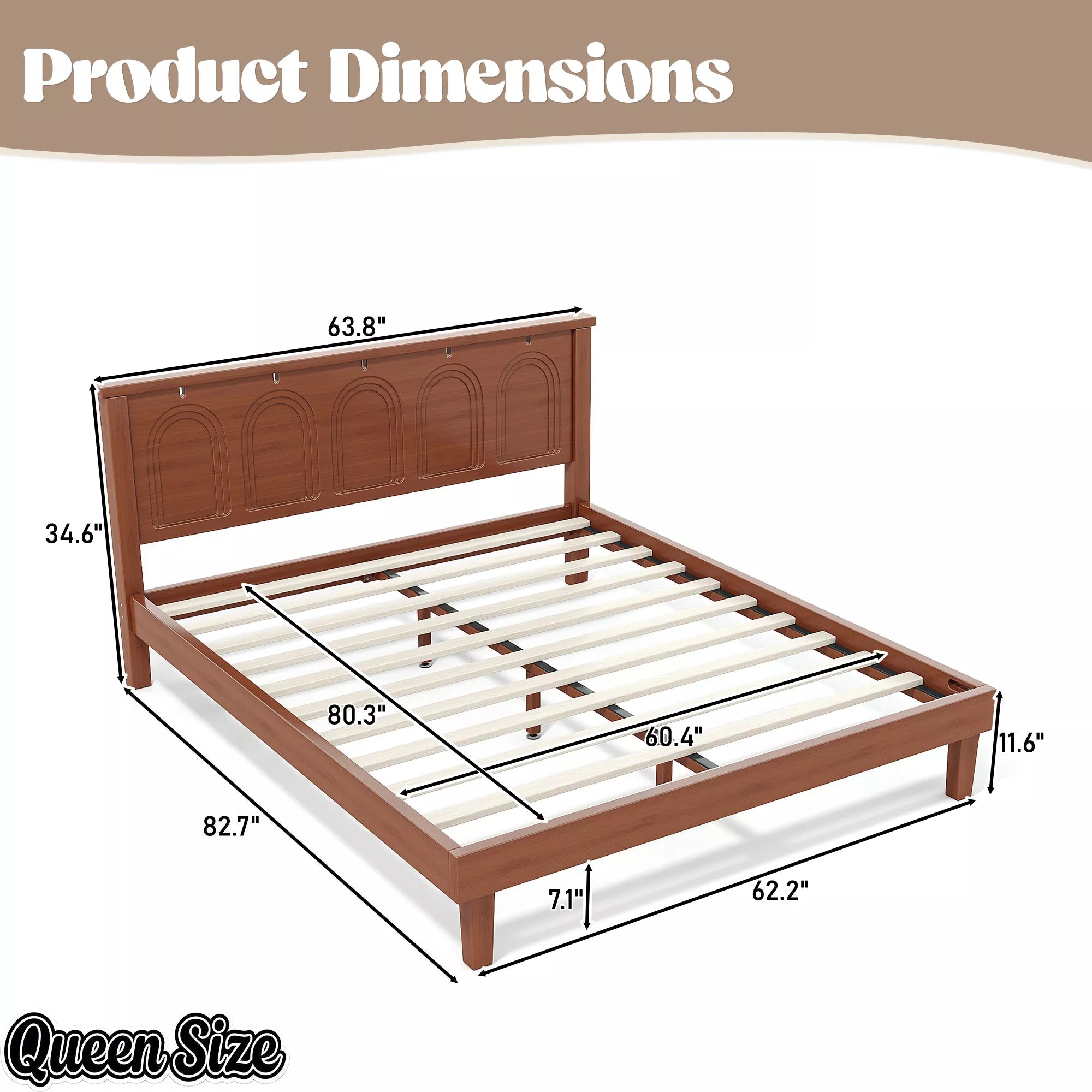 Bellemave® Queen Platform Bed, Solid Bamboo Bed Frame with Support Slats, No Box Spring Needed - Bellemave