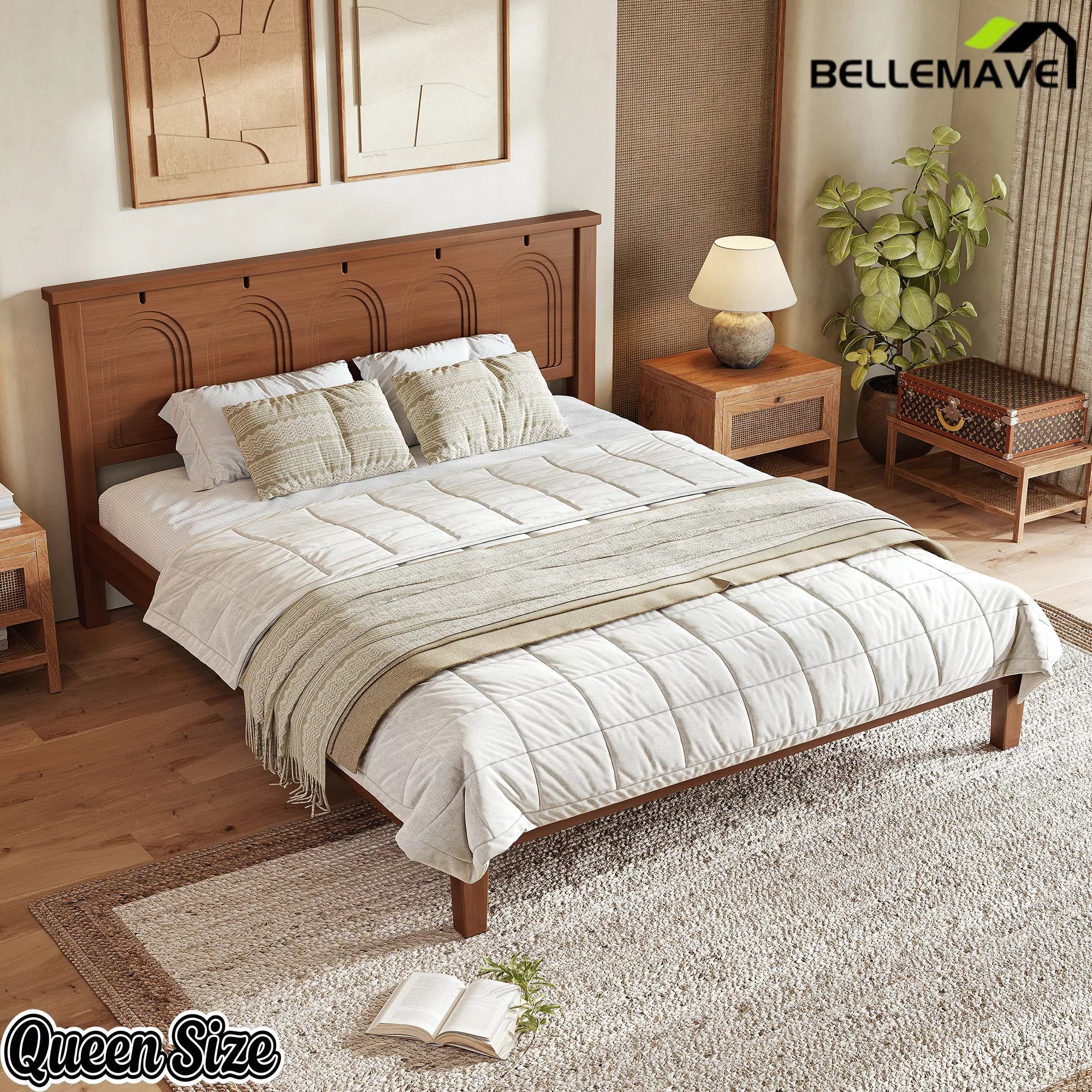 Bellemave® Queen Platform Bed, Solid Bamboo Bed Frame with Support Slats, No Box Spring Needed - Bellemave