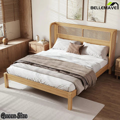 Bellemave® Queen Size Bamboo Platform Bed Frame with Rattan Woven Headboard, Low Profile Natural Wood Finish - Bellemave