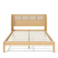 Bellemave® Queen Size Bamboo Platform Bed Frame with Rattan Woven Headboard, Low Profile Natural Wood Finish - Bellemave