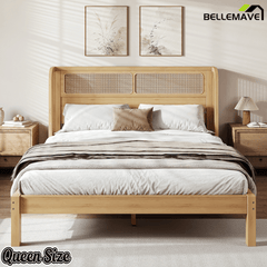 Bellemave® Queen Size Bamboo Platform Bed Frame with Rattan Woven Headboard, Low Profile Natural Wood Finish - Bellemave