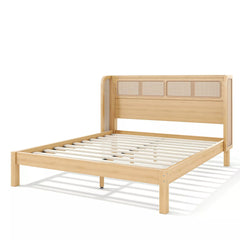 Bellemave® Queen Size Bamboo Platform Bed Frame with Rattan Woven Headboard, Low Profile Natural Wood Finish - Bellemave