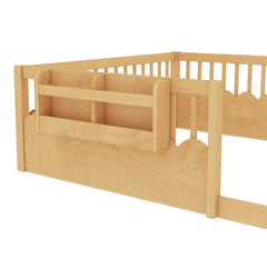 Bellemave® Queen Size Floor Bed for Kids with Heightened Safety Fence & Bookshelf, Low Profile Wood Platform Bed Frame with Storage, White - Bellemave