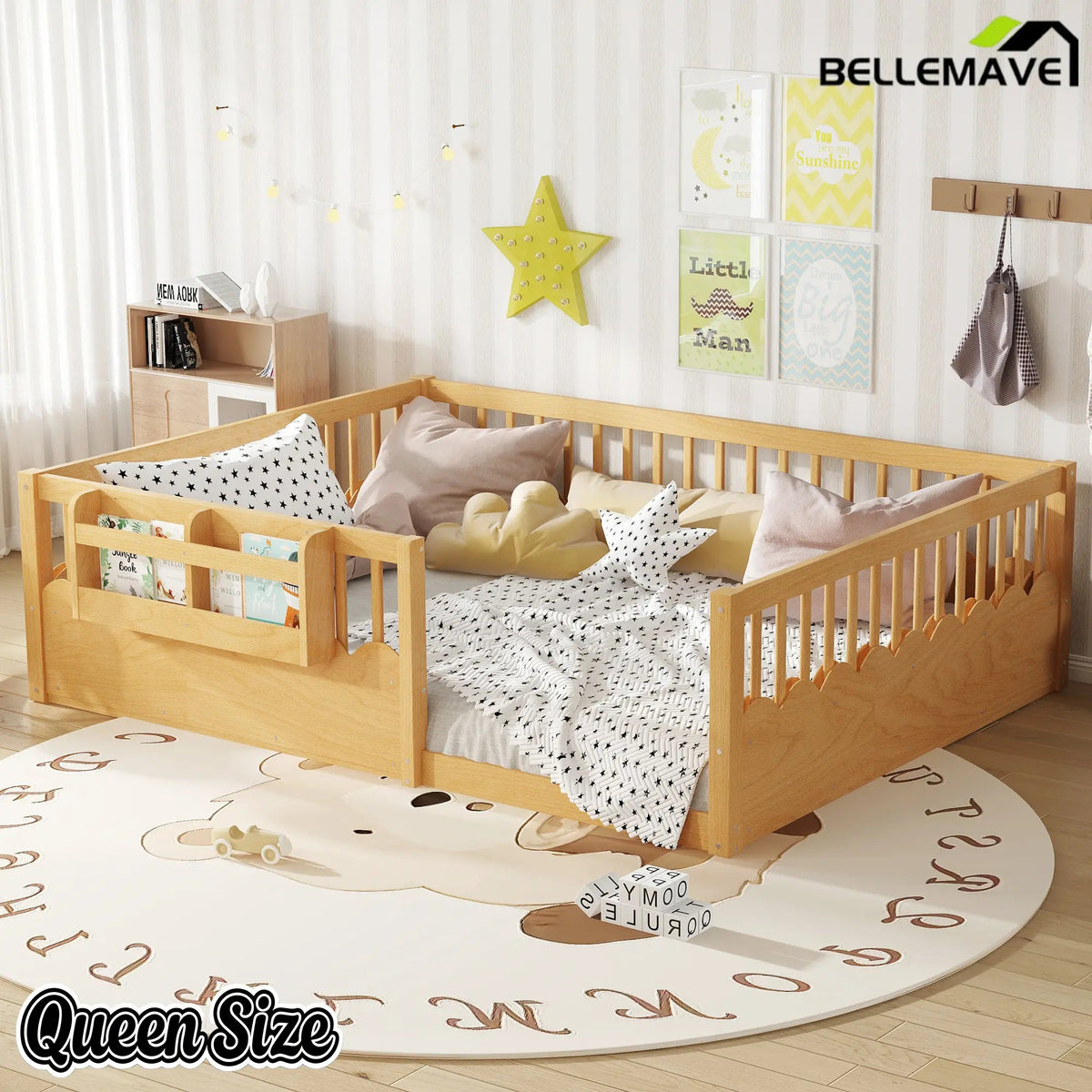 Bellemave® Queen Size Floor Bed for Kids with Heightened Safety Fence & Bookshelf, Low Profile Wood Platform Bed Frame with Storage, White - Bellemave