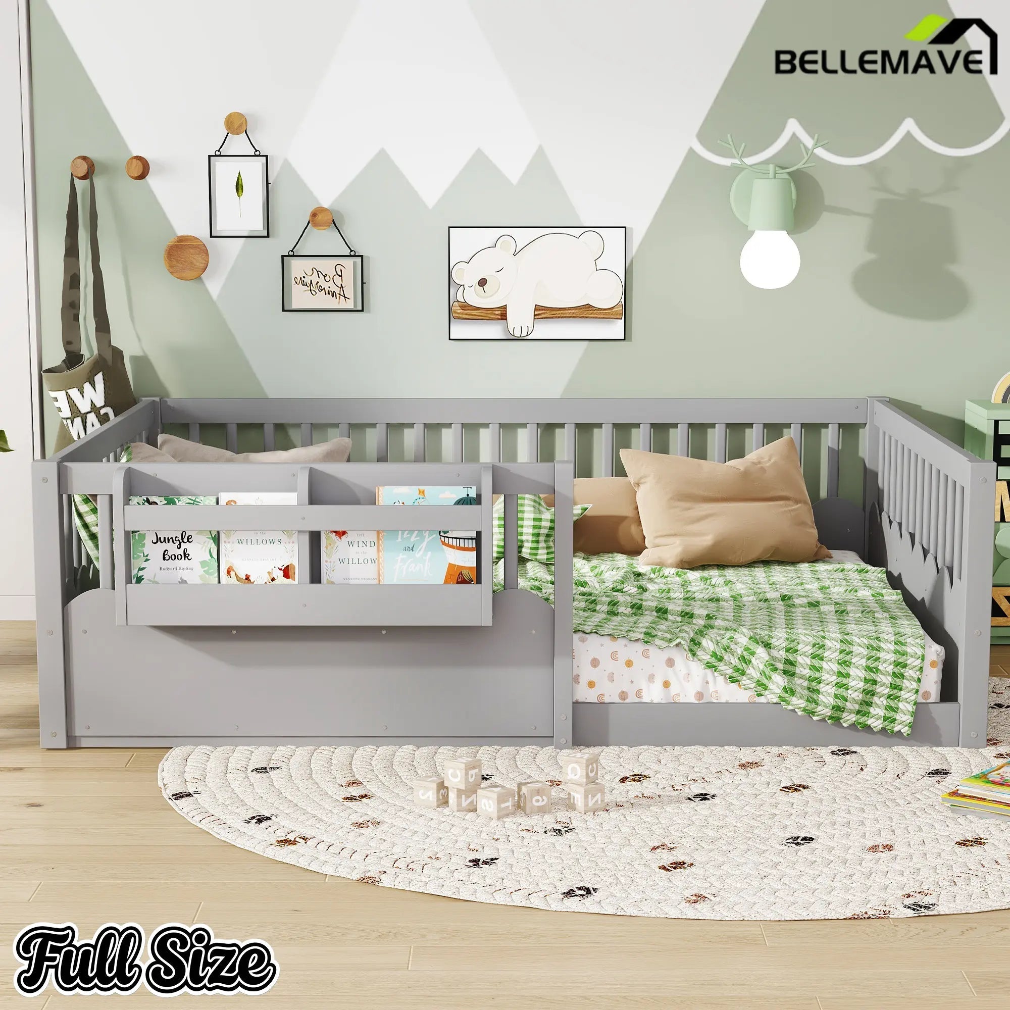 Bellemave® Queen Size Floor Bed for Kids with Heightened Safety Fence & Bookshelf, Low Profile Wood Platform Bed Frame with Storage, White - Bellemave